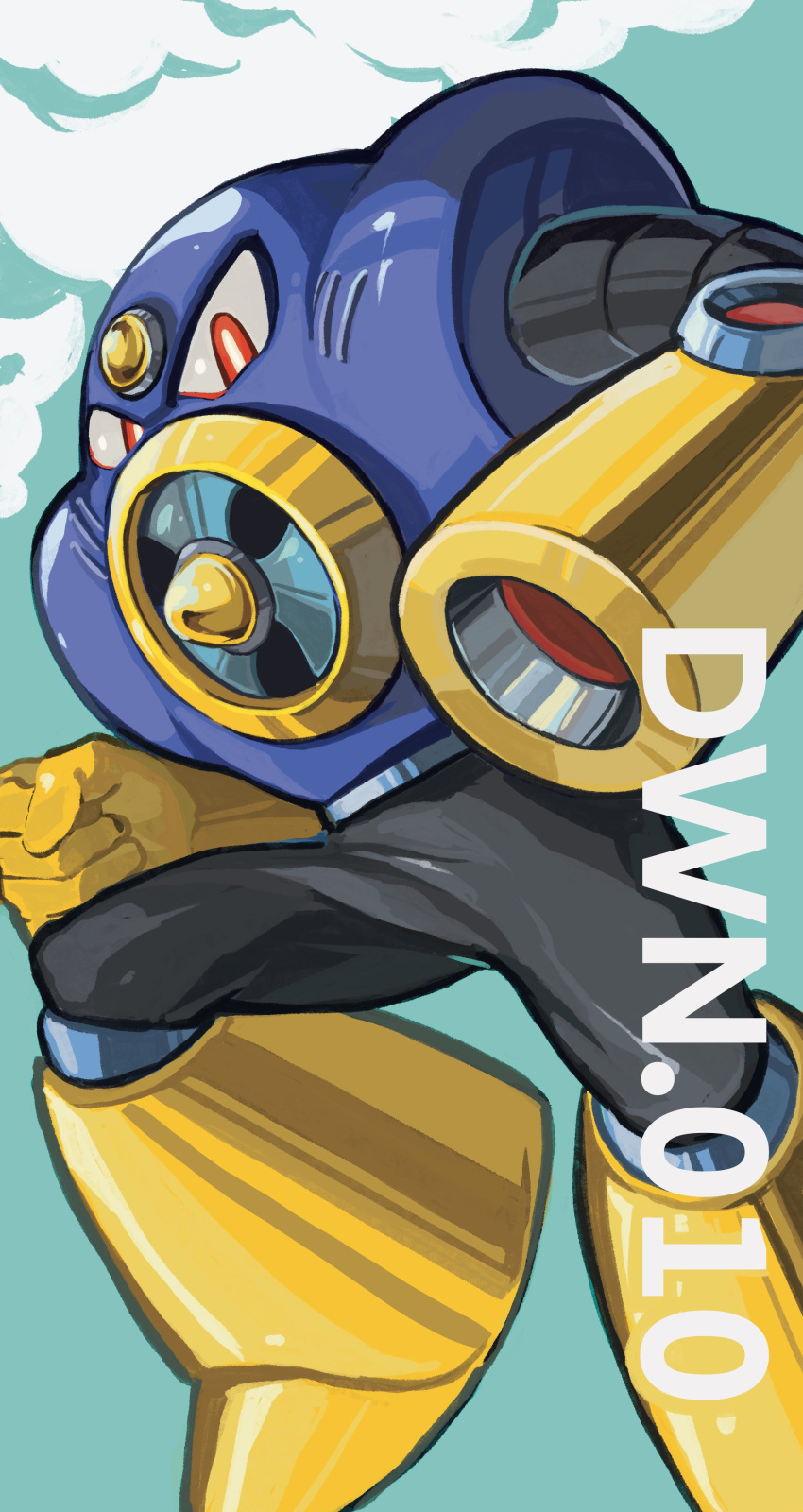 1boy absurdres air_man arm_cannon clenched_hand commentary electric_fan english_commentary highres looking_at_viewer male_focus mega_man_(classic) mega_man_(series) mega_man_2 no_humans no_mouth red_eyes robot rorobo_15 solo weapon