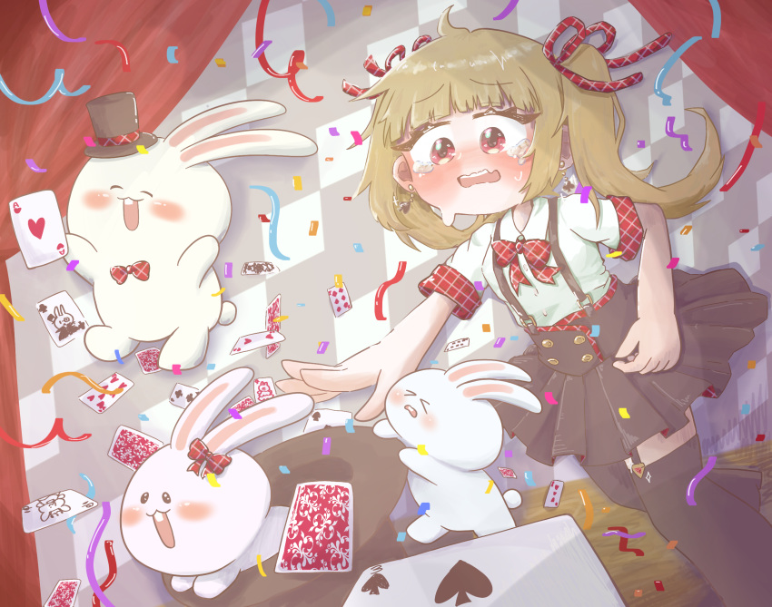 1girl :d :o ace_(playing_card) ace_of_hearts black_skirt black_thighhighs blush bow brown_hair card closed_eyes commentary confetti crying crying_with_eyes_open curtains garter_straps hat heart highres indoors maaya_yayaya magician mini_hat original playing_card rabbit red_bow red_eyes shirt skirt smile solo standing suspenders tears thigh-highs white_shirt