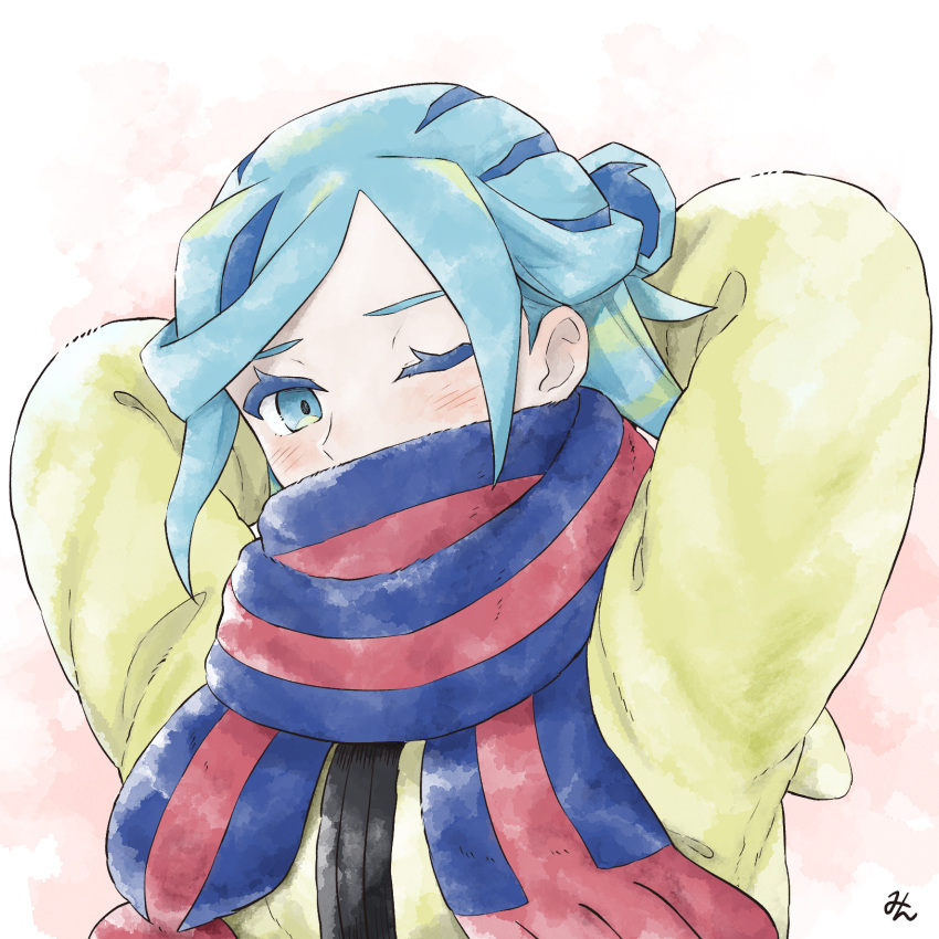 1boy aqua_eyes aqua_hair arms_behind_head blue_scarf blush commentary_request eyelashes grusha_(pokemon) highres jacket looking_down male_focus min_(myna8247) one_eye_closed pokemon pokemon_sv scarf scarf_over_mouth signature solo striped_clothes striped_scarf upper_body yellow_jacket
