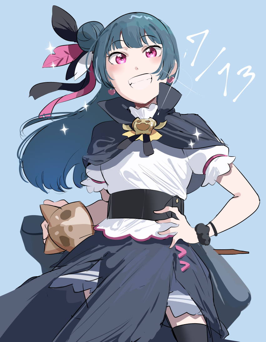 1girl absurdres black_capelet blue_background capelet commentary earrings feather_hair_ornament feathers floating_hair genjitsu_no_yohane hair_bun hair_ornament hand_on_own_hip heart heart_earrings highres jewelry long_hair looking_at_viewer love_live! love_live!_sunshine!! okpriko scrunchie shirt short_sleeves sidelocks single_side_bun smile solo sparkle staff tsushima_yoshiko upper_body white_shirt wrist_scrunchie