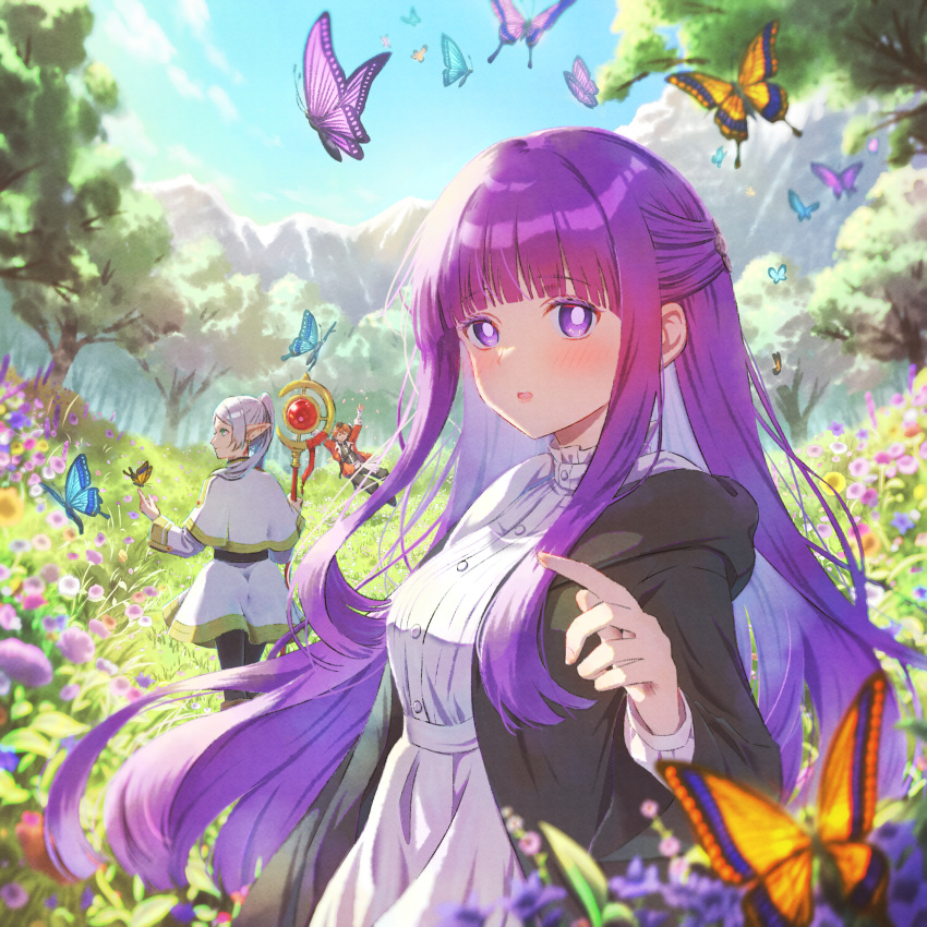 2girls absurdres akino_miyu black_pantyhose black_robe blue_sky blunt_bangs blurry breasts bug butterfly butterfly_hair_ornament butterfly_on_hand buttons capelet collar commentary_request cut_bangs depth_of_field dress elf fern_(sousou_no_frieren) field flower flower_field forest frieren frilled_collar frills green_eyes grey_hair hair_ornament highres holding holding_staff hood hood_down hooded_robe large_breasts long_dress long_hair long_sleeves looking_at_viewer mountainous_horizon multiple_girls nature open_mouth outdoors pantyhose pointy_ears purple_hair robe skirt sky sousou_no_frieren staff straight_hair twintails violet_eyes white_capelet white_dress white_skirt
