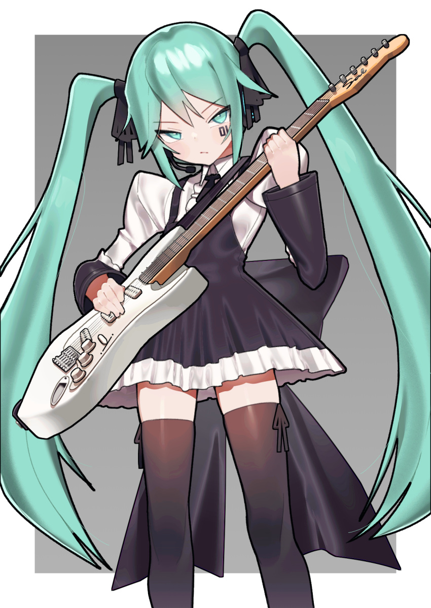 1girl black_ribbon cowboy_shot electric_guitar frills green_eyes green_hair guitar hatsune_miku highres instrument long_hair looking_at_viewer ribbon saaal653 simple_background solo twintails vocaloid white_background zettai_ryouiki