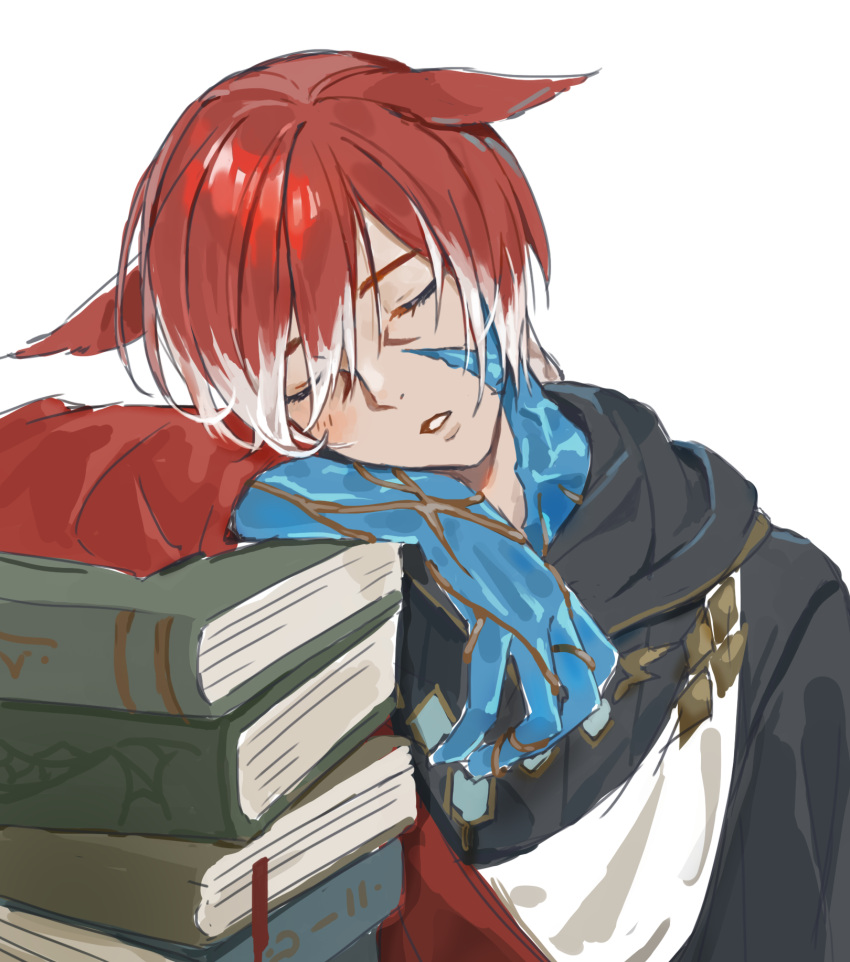 1boy animal_ears book book_stack cat_ears closed_eyes crystal_exarch facing_viewer final_fantasy final_fantasy_xiv g'raha_tia head_tilt highres lumeru_33 male_focus multicolored_hair parted_lips redhead simple_background sleeping solo two-tone_hair upper_body white_background white_hair