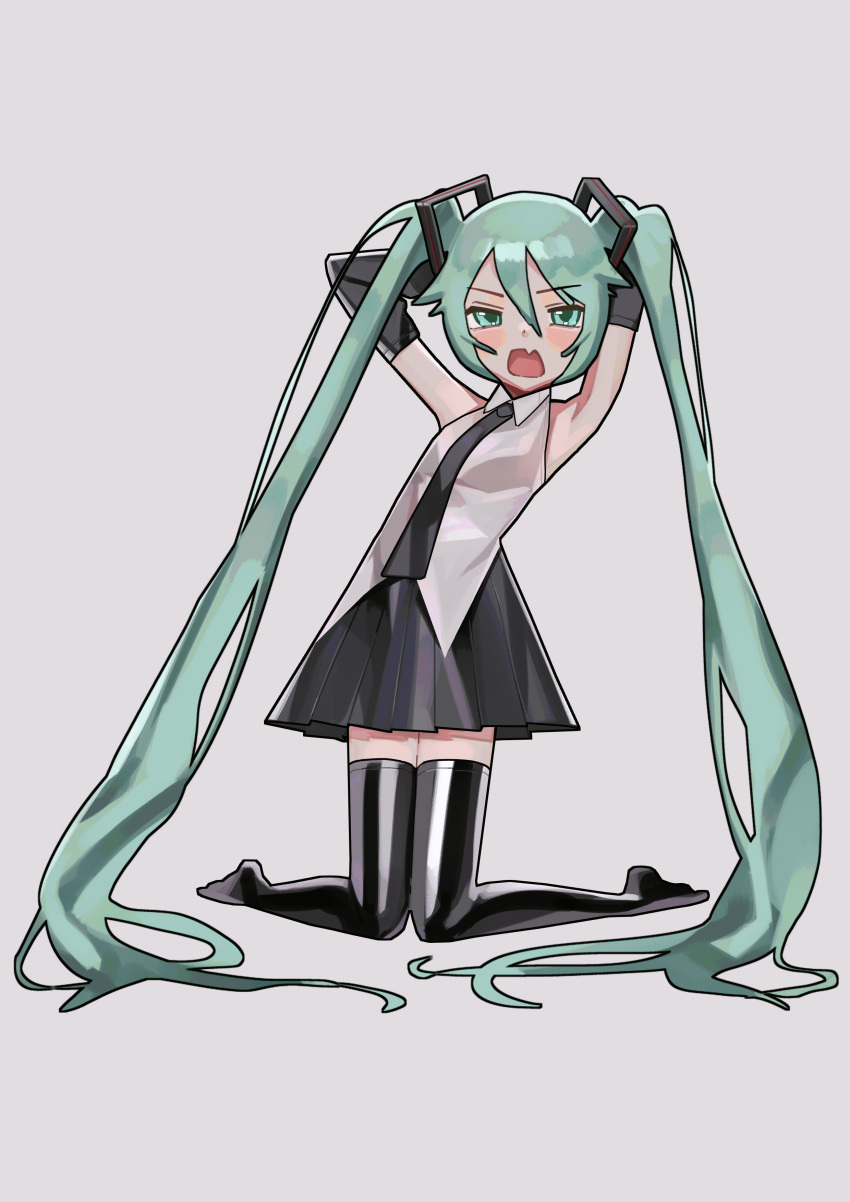 1girl absurdres armpits black_necktie black_skirt black_thighhighs fang full_body green_eyes green_hair hatsune_miku highres long_hair necktie open_mouth saaal653 shirt simple_background skin_fang skirt solo thigh-highs twintails vocaloid white_background white_shirt zettai_ryouiki