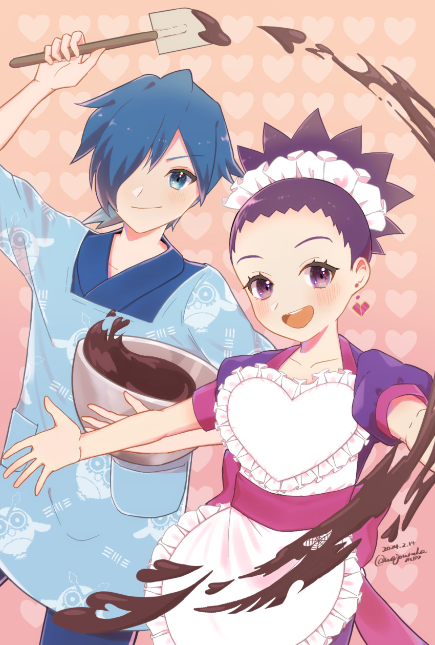 1boy 1girl :d adapted_costume apron aqua_eyes blue_hair character_print closed_mouth collarbone commentary_request dress earrings eyelashes falkner_(pokemon) frills hair_over_one_eye headdress heart heart_background highres hoothoot janine_(pokemon) jewelry open_mouth outstretched_arms pokemon pokemon_hgss purple_dress purple_hair short_hair short_sleeves smile teeth tongue upper_teeth_only valentine violet_eyes wajou-uruha white_apron