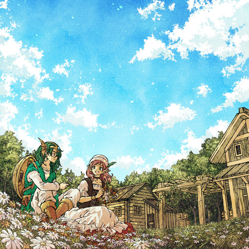 1boy 1girl blue_sky boots brown_footwear closed_mouth clouds collarbone commentary_request cynthia_(dq4) dragon_quest dragon_quest_iv earrings eyelashes field flower flower_field green_eyes green_hair green_tunic head_wings hero_(dq4) highres holding holding_wreath jewelry medium_hair on_grass open_mouth outdoors pointy_ears redhead shield sitting sky smile teeth toriga tree upper_teeth_only white_headwear wings