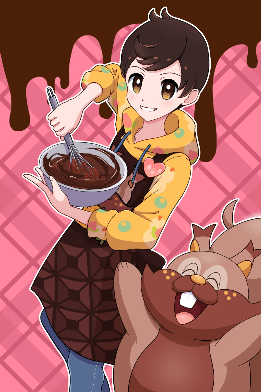 1boy absurdres apron bowl brown_apron brown_eyes brown_hair character_print commentary_request greedent grin heart highres holding holding_bowl holding_whisk hood hood_down hoodie male_focus mixing mixing_bowl official_alternate_costume outline pink_background pokemon pokemon_(creature) pokemon_masters_ex short_hair smile teeth victor_(palentine's_2024)_(pokemon) victor_(pokemon) whisk yellow_hoodie yuu_(jgvj7873)