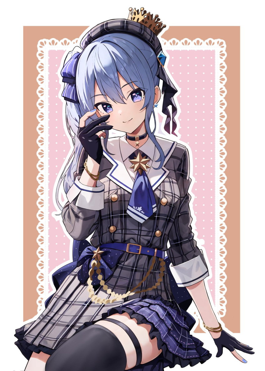 1girl black_thighhighs blue_eyes blue_hair blue_nails crown earrings fingerless_gloves gloves hair_between_eyes hand_up hat highres hololive hoshimachi_suisei hoshimachi_suisei_(1st_costume) jewelry long_hair looking_at_viewer nail_polish side_ponytail sitting smile solo star_(symbol) star_earrings thigh-highs thigh_strap tooo88