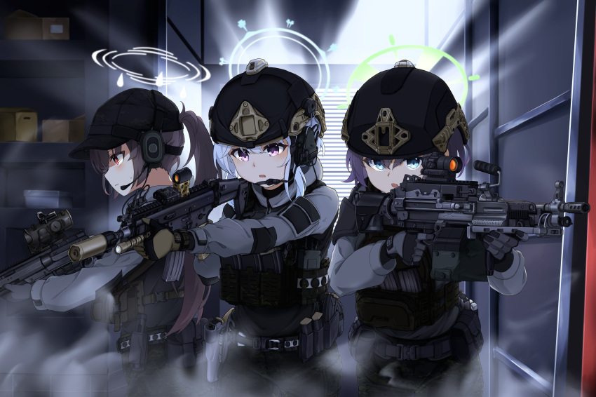 3girls black_gloves black_hair black_headwear black_vest blue_archive blue_eyes blue_halo brown_gloves camouflage camouflage_pants closed_mouth clov3r gloves green_halo grey_hair grey_halo gun hair_between_eyes halo hat highres holding holding_gun holding_weapon indoors korean_commentary long_hair miyako_(blue_archive) miyu_(blue_archive) multiple_girls open_mouth pants purple_hair red_eyes saki_(blue_archive) short_hair vest violet_eyes weapon
