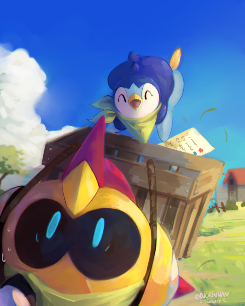 ^_^ bush closed_eyes clouds commentary crate day duckhina falinks falling_leaves fence grass highres leaf no_humans open_mouth outdoors paper piplup pokemon pokemon_(creature) sky sweat