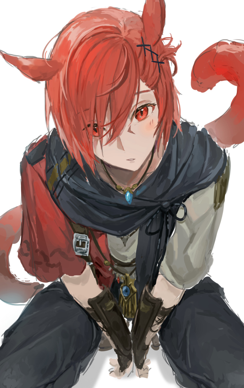 1boy animal_ears black_pants black_scarf cat_ears cat_tail final_fantasy final_fantasy_xiv g'raha_tia hair_ornament hairclip head_tilt highres jewelry looking_at_viewer lumeru_33 male_focus miqo'te necklace pants parted_lips red_eyes redhead scarf simple_background solo squatting tail white_background x_hair_ornament