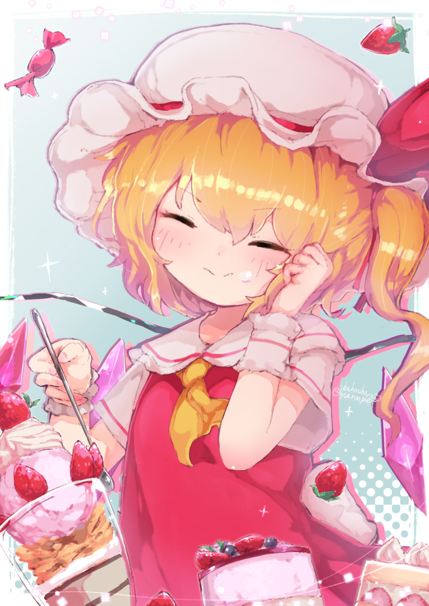 1girl ascot blonde_hair candy closed_eyes dress flandre_scarlet food frills fruit hand_up hat highres kabochamaronpie medium_hair mob_cap parfait puffy_short_sleeves puffy_sleeves red_dress short_sleeves side_ponytail smile solo strawberry sweets touhou upper_body yellow_ascot