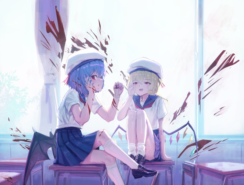 2girls absurdres bat_wings blonde_hair blood blood_on_clothes blood_on_face blood_splatter blue_hair crystal_wings flandre_scarlet full_body highres mary_janes multiple_girls nepperoni open_mouth red_eyes remilia_scarlet school_uniform shoes short_hair sitting sitting_on_table skirt socks table touhou wings