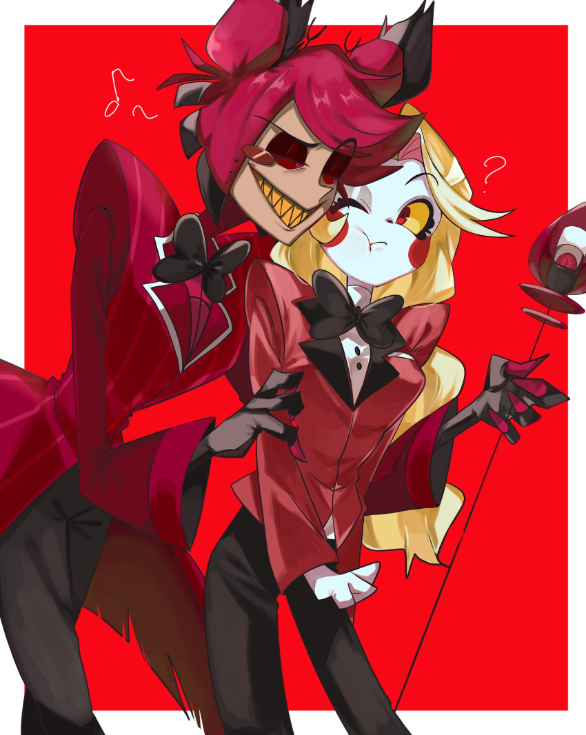 1boy 1girl alastor_(hazbin_hotel) black_hair blonde_hair bow bowtie cane charlie_morningstar clenched_hand colored_sclera formal grin hazbin_hotel highres holding holding_cane honeko_06 long_hair multicolored_hair one_eye_closed pale_skin red_background red_eyes red_sclera redhead sharp_teeth short_hair smile suit teeth