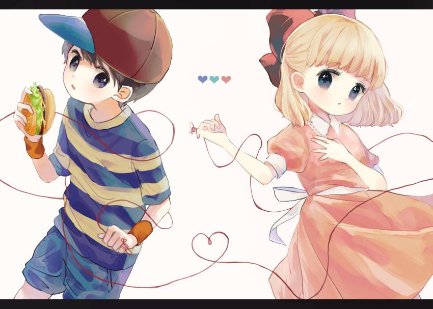 1boy 1girl baseball_cap black_hair blonde_hair bow burger child dress food hair_bow hat heart highres kohori looking_at_viewer mother_(game) mother_2 ness_(mother_2) paula_(mother_2) photoshop_(medium) pink_dress shirt short_sleeves shorts simple_background string string_of_fate striped_clothes striped_shirt t-shirt upper_body vertical-striped_clothes vertical-striped_shirt