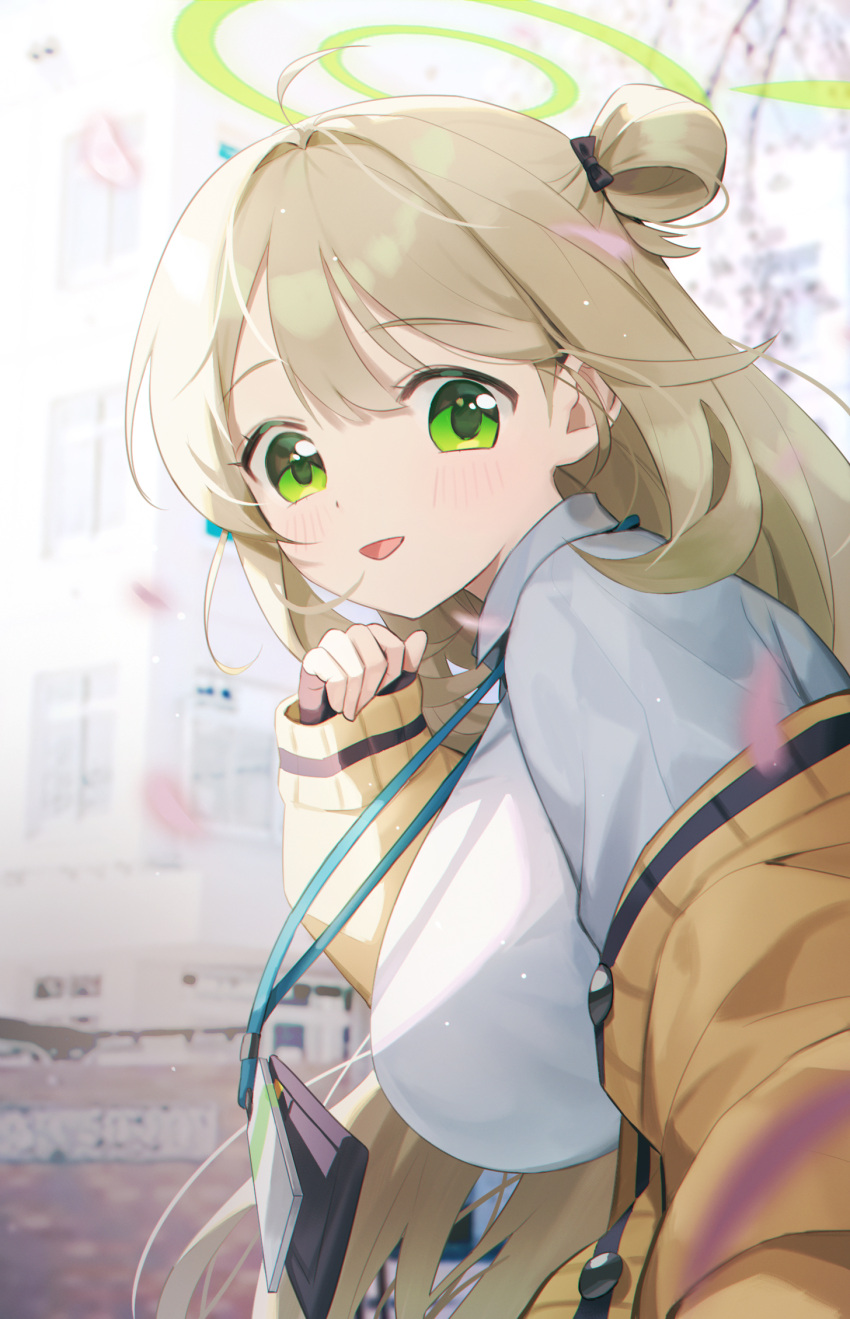 1girl blonde_hair blue_archive blush breasts commentary_request didi_(didi_h3) green_eyes hair_bun halo highres id_card jacket large_breasts long_hair long_sleeves looking_at_viewer nonomi_(blue_archive) open_mouth ribbon sleeves_past_wrists smile solo yellow_jacket