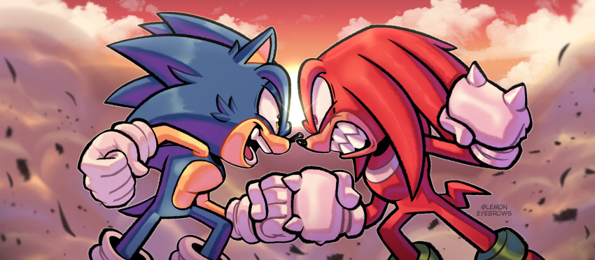 2boys absurdres artist_name clenched_hands clouds face-to-face from_side furry furry_male gloves green_eyes highres knuckles_the_echidna lemon_eyebrows multiple_boys open_mouth outdoors red_eyes sharp_teeth sonic_(series) sonic_the_hedgehog sunset tail teeth white_gloves