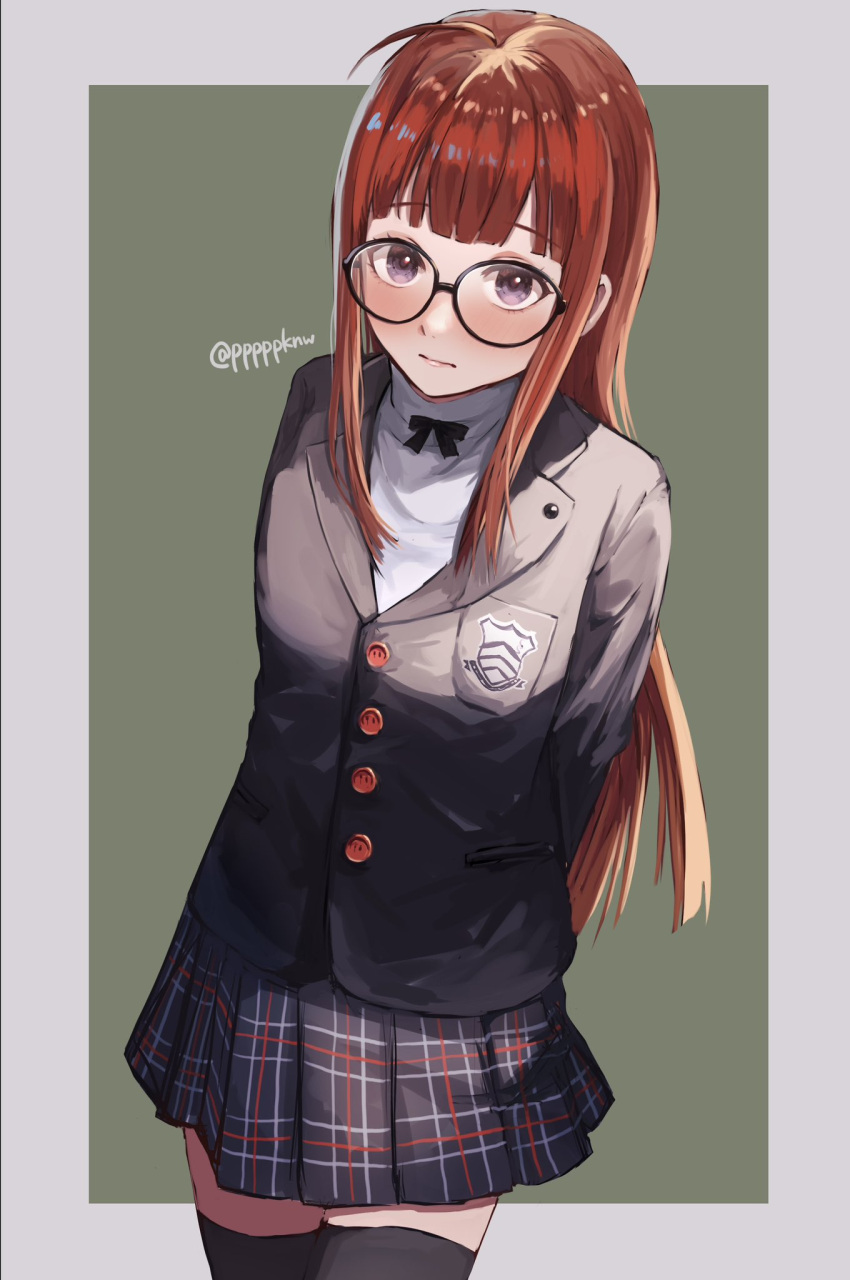 1girl ahoge arms_behind_back black_jacket black_skirt black_thighhighs blunt_bangs blush buttons closed_mouth commentary_request glasses highres jacket long_hair long_sleeves looking_at_viewer orange_hair persona persona_5 plaid plaid_skirt pleated_skirt pppppknw sakura_futaba school_emblem school_uniform shirt shuujin_academy_school_uniform skirt solo thigh-highs twitter_username two-tone_background violet_eyes white_shirt