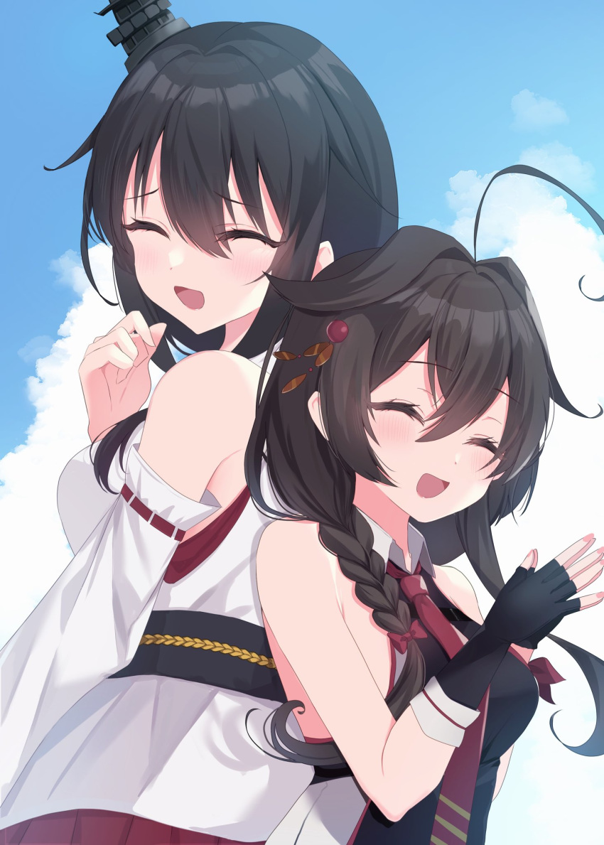 2girls ahoge black_gloves black_hair blue_sky blush braid breasts clouds day detached_sleeves fingerless_gloves gloves hair_between_eyes hair_flaps hair_ornament hair_over_shoulder headgear highres kantai_collection large_breasts long_hair medium_breasts multiple_girls open_mouth own_hands_together shigure_(kancolle) shirt single_braid sky sleeveless sleeveless_shirt yamashiro_(kancolle) yoshino_(mfmfpng)