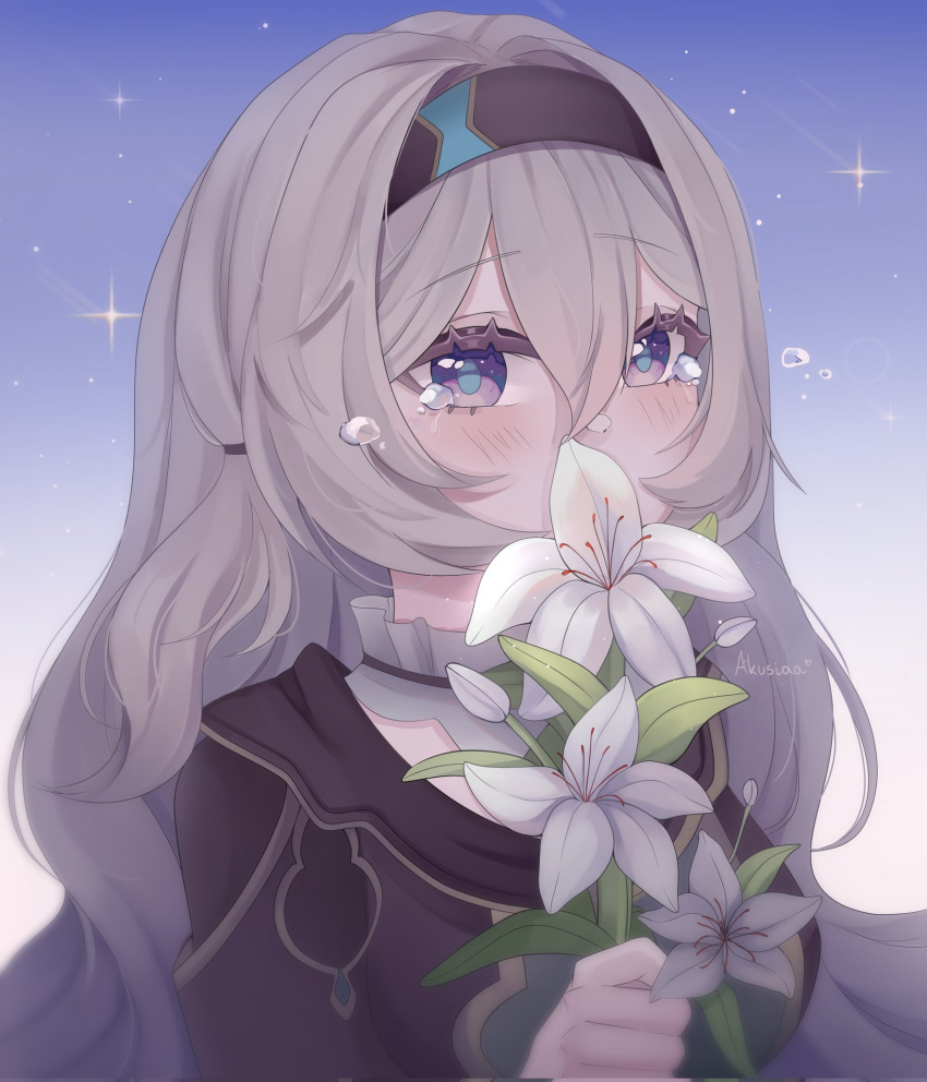 1girl akusiaa black_hairband black_jacket blue_pupils blue_sky blush collared_shirt covering_own_mouth crying crying_with_eyes_open evening firefly_(honkai:_star_rail) flower flower_request glint grey_hair hair_between_eyes hair_intakes hairband hand_up highres holding holding_flower honkai:_star_rail honkai_(series) jacket long_hair looking_at_viewer outdoors shirt shooting_star sidelocks sky solo tears upper_body violet_eyes white_flower white_shirt