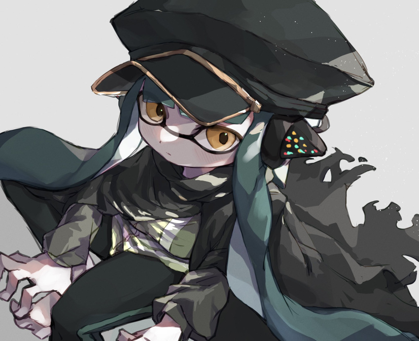 1girl agent_3_(splatoon) black_cape black_headwear cape closed_mouth commentary_request green_hair hat headphones highres inkling_girl inkling_player_character long_hair military_hat simple_background sitting solo splatoon_(series) tentacle_hair torn_cape torn_clothes white_background yellow_eyes yksb_inc6