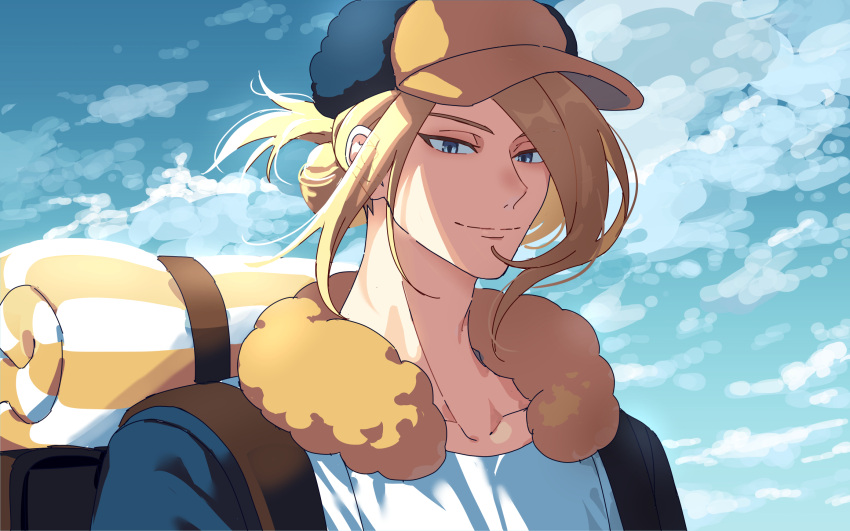 1boy backpack bag blonde_hair blue_sky closed_mouth clouds elica_dayo grey_eyes hair_bun hair_over_one_eye hat highres looking_at_viewer male_focus pokemon pokemon_legends:_arceus sky smile solo sunlight upper_body volo_(pokemon) wind wind_lift
