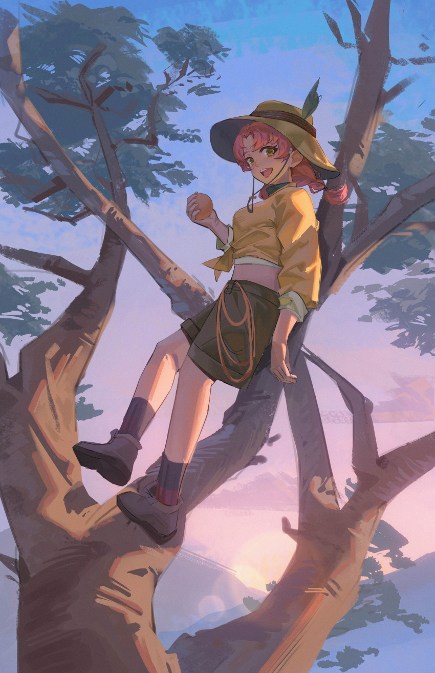 1girl :d absurdres against_tree black_socks blue_sky braid brown_footwear brown_shorts bucket_hat food from_side fruit full_body gradient_sky green_eyes hand_up hat highres holding holding_food holding_fruit leaf_hat_ornament leilani_(reverse:1999) lens_flare looking_at_viewer low_twin_braids medium_hair midriff mountainous_horizon on_tree orange_(fruit) pink_hair pink_sky reverse:1999 rope shirt shorts sky smile socks solo standing teeth tied_shirt tree twin_braids upper_teeth_only yellow_shirt zzzzzziyao