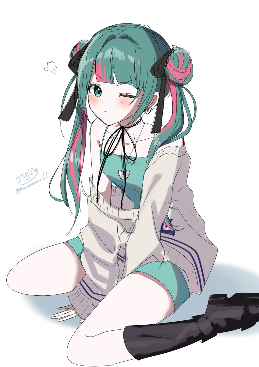 1girl absurdres between_legs blunt_bangs blush boots commentary dress earrings full_body green_dress green_eyes green_hair hair_bun hand_between_legs hatsune_miku heart heart_earrings highres jewelry koromonme long_hair looking_at_viewer multicolored_hair neck_ribbon off_shoulder pink_hair pout project_sekai ribbon shadow sitting sketch solo streaked_hair twintails two-tone_hair vocaloid white_background