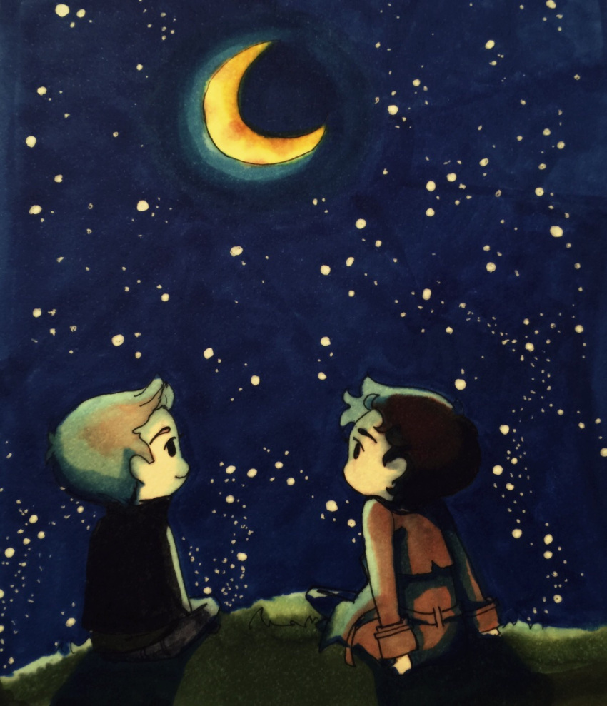 2boys back castiel chibi crescent_moon dean_winchester fluffybeekeeper highres looking_up male_focus moon multiple_boys night night_sky outdoors sitting sky smile solid_circle_eyes star_(sky) starry_sky supernatural_(tv_series) traditional_media upper_body