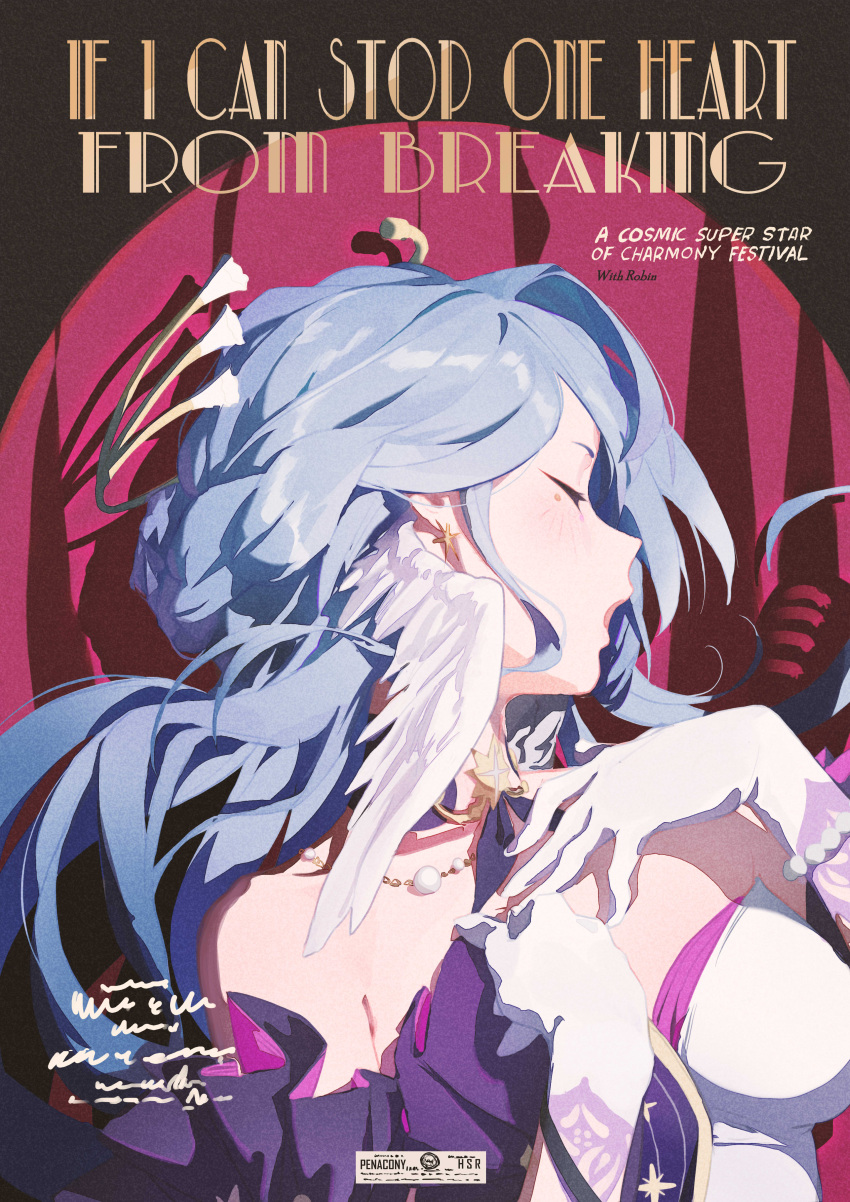 1girl absurdres armpit_crease bare_shoulders blue_hair blush bracelet breasts closed_mouth cover darah dress earrings english_text facial_mark fake_magazine_cover feathered_wings gloves halo hands_up head_wings highres honkai:_star_rail honkai_(series) jewelry long_hair magazine_cover music open_mouth pearl_bracelet red_curtains robin_(honkai:_star_rail) sidelocks singing sleeveless sleeveless_dress solo spotlight white_dress white_gloves wings