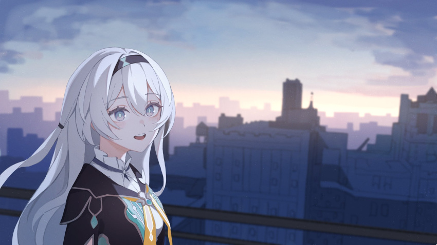 1girl :d arms_at_sides asu_(as_oz1) black_hairband black_jacket blue_pupils blush building city clouds cloudy_sky collared_shirt evening firefly_(honkai:_star_rail) grey_eyes hair_between_eyes hair_intakes hairband highres honkai:_star_rail honkai_(series) jacket looking_at_viewer neckerchief one_side_up open_mouth orange_neckerchief outdoors railing shirt sidelocks sky smile solo teeth upper_body upper_teeth_only white_hair white_shirt