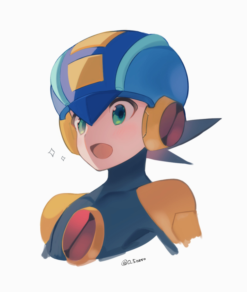 1boy blue_bodysuit blue_headwear bodysuit brown_hair commentary_request cropped_torso from_side green_eyes helmet highres male_focus mega_man_(series) mega_man_battle_network_(series) megaman.exe netnavi open_mouth short_hair simple_background solo sparkle spiky_hair twitter_username upper_body white_background zero-go