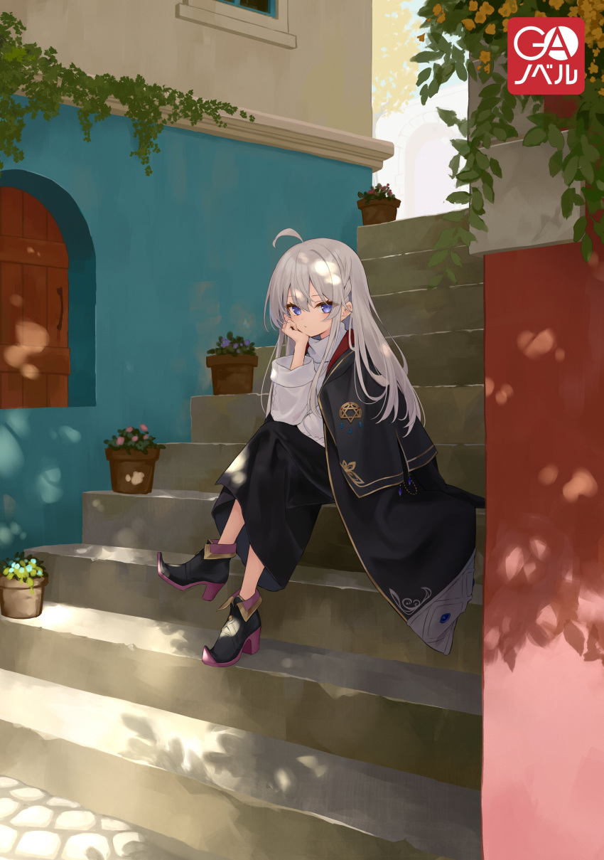 1girl absurdres ahoge arm_support azuuru black_cape black_dress black_footwear braid cape closed_mouth cover cover_image crossed_legs dress elaina_(majo_no_tabitabi) full_body grey_hair high_heels highres long_hair looking_at_viewer majo_no_tabitabi novel_illustration official_art outdoors shirt sitting sitting_on_stairs solo stairs sunlight violet_eyes white_shirt