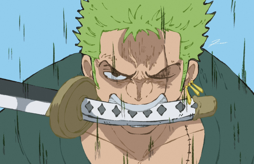 1boy angry blue_background brown_eyes collarbone drop_earrings earrings film_grain forehead furrowed_brow green_hair green_jacket highres jacket jewelry katana kurrrto male_focus mouth_hold multiple_earrings one_eye_closed one_piece portrait roronoa_zoro scar scar_across_eye scar_on_chest short_hair sideburns signature simple_background solo speed_lines spiky_hair sword teeth veins weapon