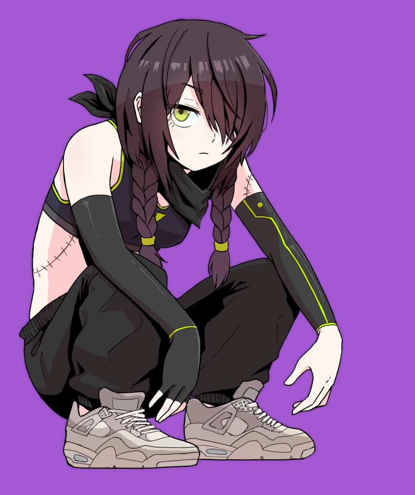 1girl black_hair black_pants braid breasts crop_top detached_sleeves expressionless fingerless_gloves full_body girls_frontline gloves green_eyes hair_over_one_eye highres long_hair looking_at_viewer mac-10_(girls'_frontline) pants purple_background shoes single_glove slav_squatting small_breasts sneakers solo squatting stitched_arm stitched_torso stitches twin_braids white_footwear zukzuk13