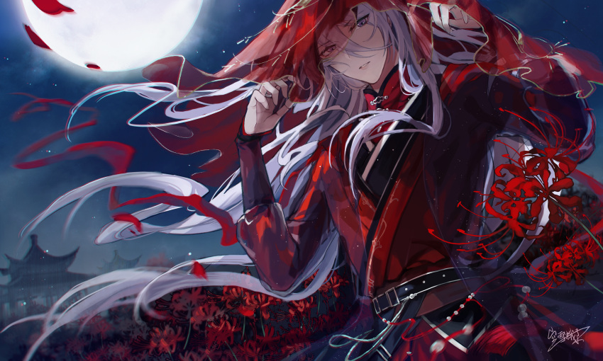 1boy absurdres architecture belt black_belt building cael_anselm chinese_clothes east_asian_architecture falling_petals field flower flower_field full_moon hair_between_eyes hands_up hanfu highres long_bangs long_hair long_sleeves looking_at_viewer lovebrush_chronicles male_focus moon night parted_lips petals red_flower red_ribbon red_robe red_spider_lily red_veil ribbon robe solo spider_lily standing upper_body veil veil_lift very_long_hair violet_eyes white_hair wind xue_ezi