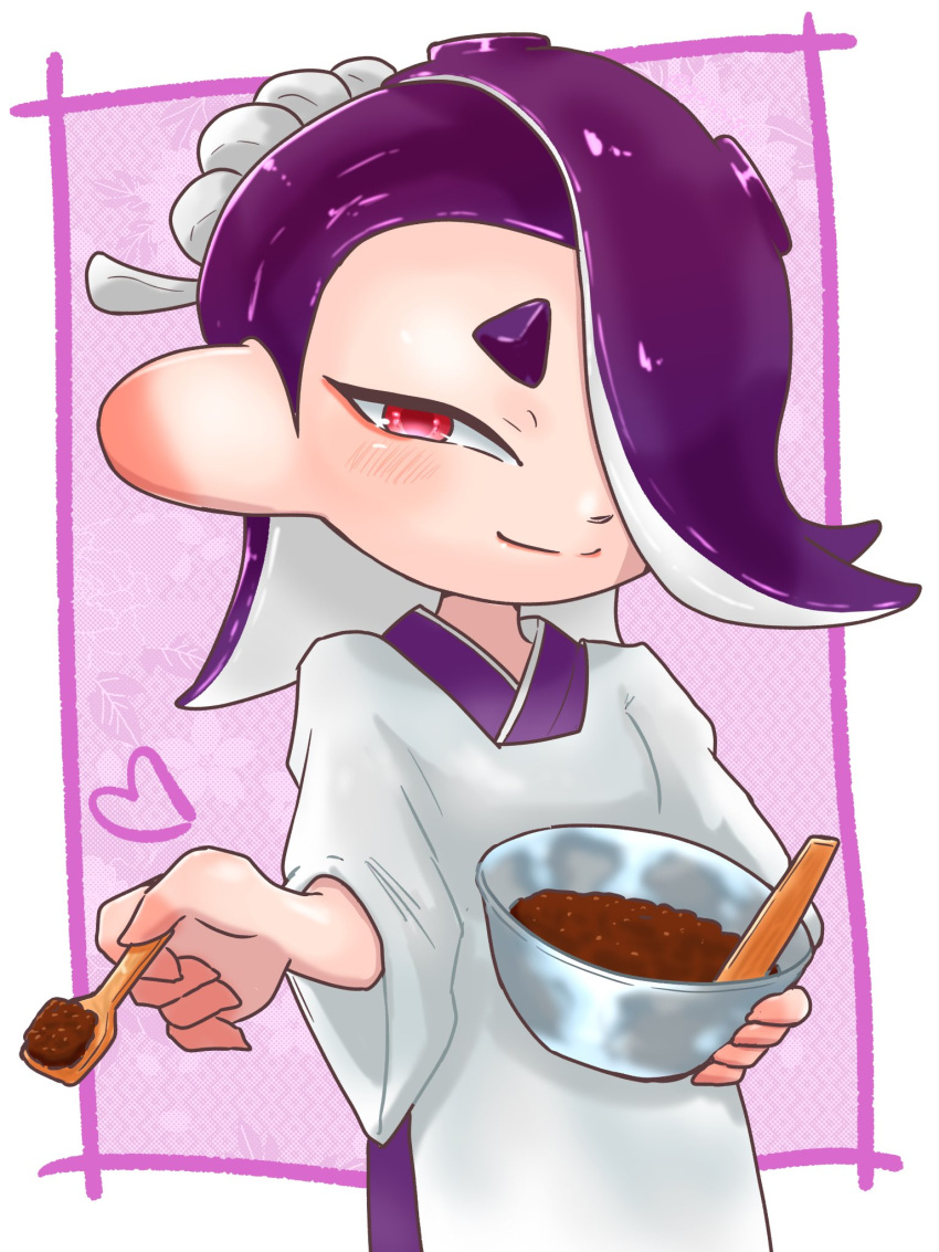1girl border bowl closed_mouth commentary_request eyelashes gasshi555 hachimaki hair_over_one_eye headband highres holding holding_bowl holding_spoon looking_at_viewer medium_hair nejiri_hachimaki outside_border purple_background purple_hair red_bean_paste red_eyes smile solo splatoon_(series) splatoon_3 spoon standing tentacle_hair thick_eyebrows white_border