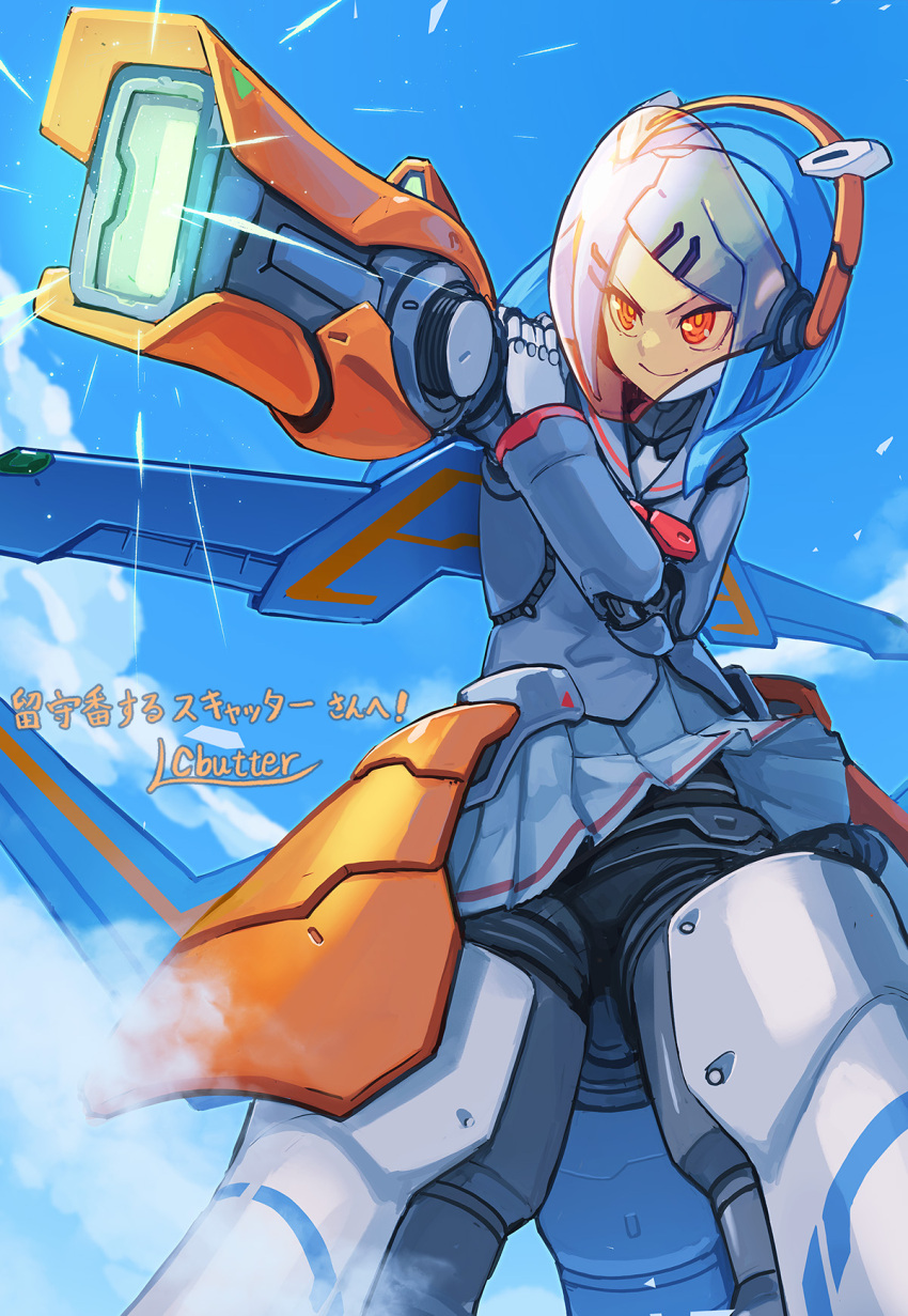 1girl android arm_cannon assault_visor batayu blue_hair clouds commission hand_on_own_arm highres joints mechanical_hair orange_eyes original robot_joints science_fiction skeb_commission skirt smile solo weapon