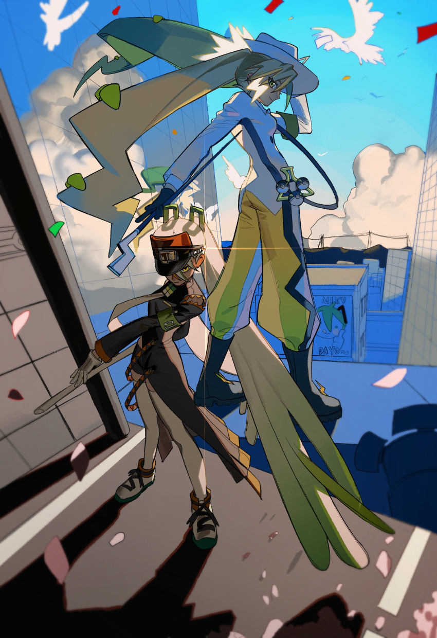 2girls absurdres arm_up armband baggy_pants billboard bird black_footwear black_headwear blonde_hair blue_background blue_headwear blue_jacket blue_sky boots brown_coat building character_name city closed_mouth clouds coat confetti cumulonimbus_cloud electric_miku_(project_voltage) fighting_miku_(project_voltage) full_body glint gloves glowing gradient_hair green_armband green_eyes green_hair green_pants hair_between_eyes hand_on_headwear hand_up hatsune_miku highres holding holding_staff jacket korean_commentary long_hair long_sleeves looking_at_viewer multicolored_eyes multicolored_hair multiple_girls necktie orange_eyes orange_headwear original outdoors pants pink_petals poke_ball pokemon power_lines project_voltage reflection road sasi_mozzi1 sky skyscraper smile spring_onion staff standing thigh-highs twintails utility_pole very_long_hair visor_cap vocaloid waist_poke_ball yellow_eyes yellow_pants