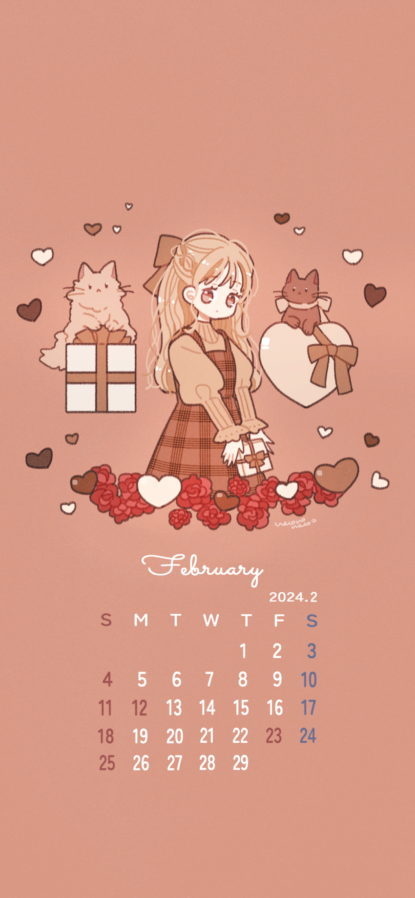 1girl absurdres animal artist_name blonde_hair bow brown_bow brown_dress calendar_(medium) candy cat chocolate closed_mouth dot_mouth dress expressionless february flower food gift hair_bow heart heart-shaped_chocolate highres holding holding_gift long_hair long_sleeves looking_at_viewer messy_hair necono_naco no_nose original pastel_colors pinafore_dress pink_background pink_eyes plaid plaid_dress red_flower red_rose rose signature simple_background sleeveless sleeveless_dress solo sweater yellow_sweater