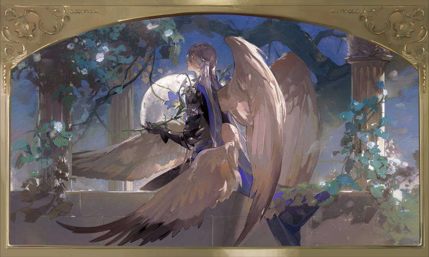 1boy angel_wings armor black_armor black_gloves black_jacket black_pants blue_cape blue_flower cael_anselm cape couter feet_out_of_frame flower from_side gloves grey_hair hair_between_eyes highres holding holding_flower jacket kneeling leaf lily_(flower) long_bangs long_hair long_sleeves looking_up lovebrush_chronicles male_focus moonflower_(flower) multiple_wings pants parted_lips picture_frame pillar plant profile shoulder_armor shule_de_yu sleeve_cuffs solo tree very_long_hair vines violet_eyes white_flower white_wings wings
