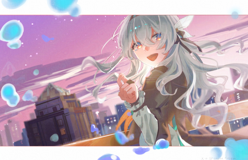 1girl :d black_cape black_hairband black_jacket black_ribbon blue_eyes blue_pupils bow bridal_gauntlets building cape city clouds cropped_jacket crying crying_with_eyes_open evening firefly_(honkai:_star_rail) floating_hair from_side gradient_eyes grey_hair hair_between_eyes hair_bow hair_intakes hair_ribbon hair_spread_out hairband highres honkai:_star_rail honkai_(series) jacket letterboxed long_sleeves looking_at_viewer multicolored_eyes neckerchief open_mouth orange_eyes orange_neckerchief outdoors railing ribbon shirt sidelocks smile solo tears tsuru_doguu upper_body white_bow white_shirt