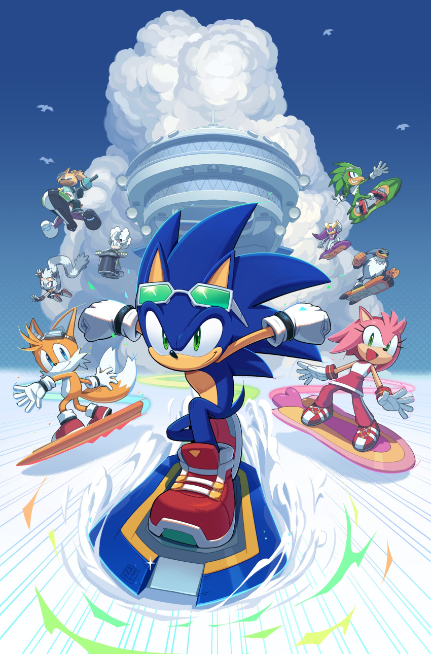 4boys 5girls absurdres amy_rose beak blue_eyes blue_sky clouds digimin fox_boy gloves green_eyes highres hoverboard jet_the_hawk lanolin_the_sheep multiple_boys multiple_girls multiple_tails official_art open_mouth shoes sky smile sonic_(series) sonic_riders sonic_the_hedgehog sonic_the_hedgehog_(idw) storm_the_albatross tail tails_(sonic) tangle_the_lemur two_tails wave_the_swallow whisper_the_wolf white_gloves