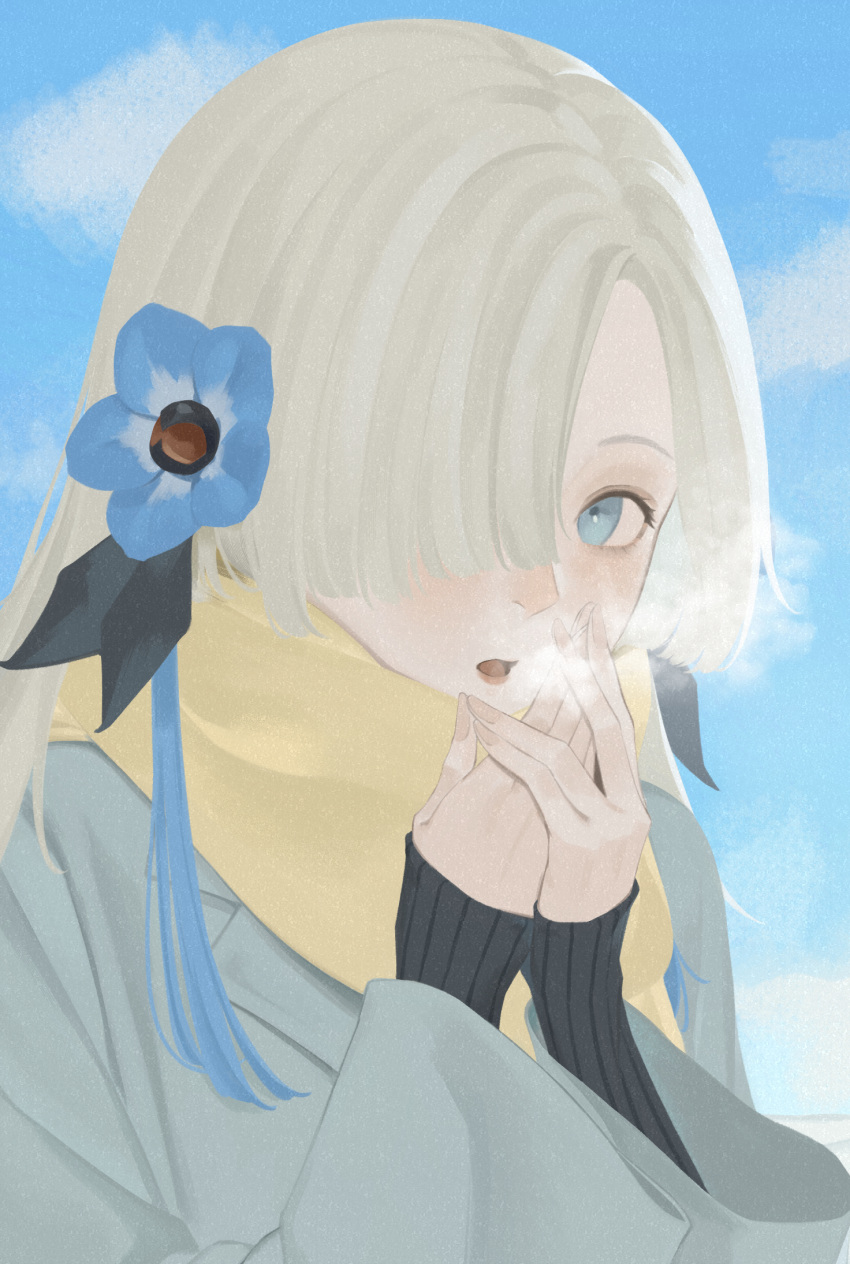 1girl alternate_costume blonde_hair blue_eyes blue_flower blue_hair blue_sky blush breath breathing_on_hands coat day flower grey_coat hair_flower hair_ornament hair_over_one_eye hands_up highres isekai_joucho kamitsubaki_studio long_hair long_sleeves looking_at_viewer multicolored_hair one_eye_covered open_mouth outdoors own_hands_together scarf sky solo streaked_hair upper_body virtual_youtuber warming_hands winter_clothes yellow_scarf zudxpnz