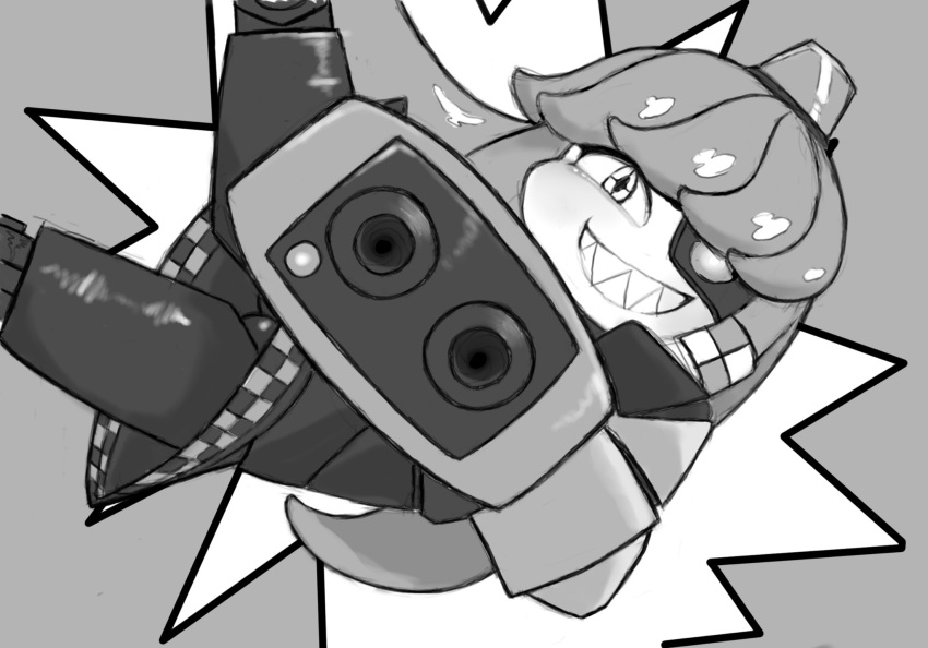 1girl aiming aiming_at_viewer alarm_siren arm_cannon borrowed_character commentary_request crosshair_pupils dress funpey grey_background greyscale grin highres joints long_hair looking_at_viewer midair mimi-sentry monochrome original personification robot robot_girl robot_joints sharp_teeth sideways simple_background smile solo team_fortress_2 teeth very_long_hair weapon