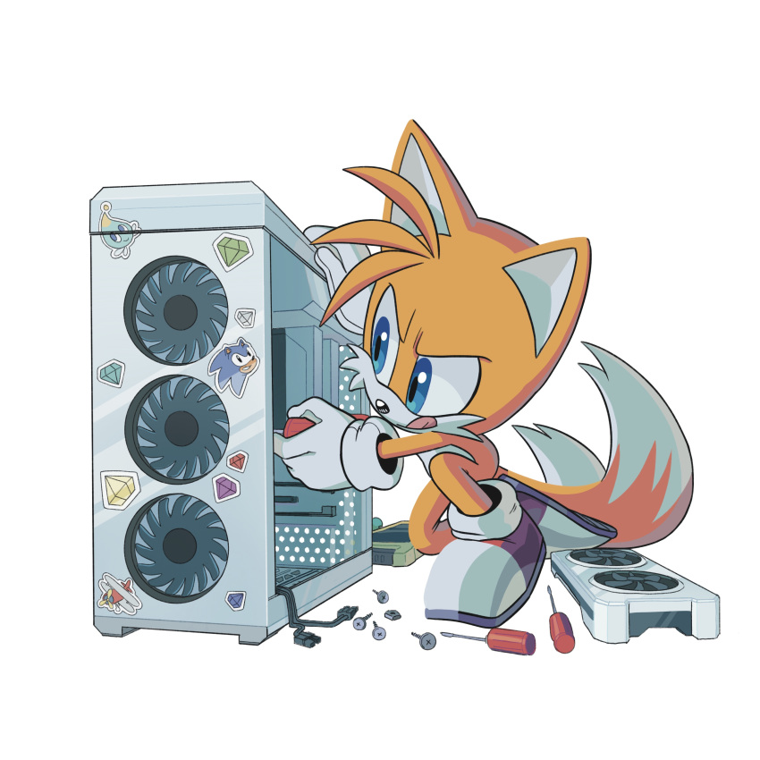 1boy absurdres blue_eyes chao_(sonic) computer furry furry_male gloves graphics_card highres holding holding_screwdriver looking_over_eyewear on_one_knee screw screwdriver shoes simple_background solo sonic_(series) sonic_the_hedgehog stars_kii sticker tails_(sonic) tongue tongue_out white_background white_gloves