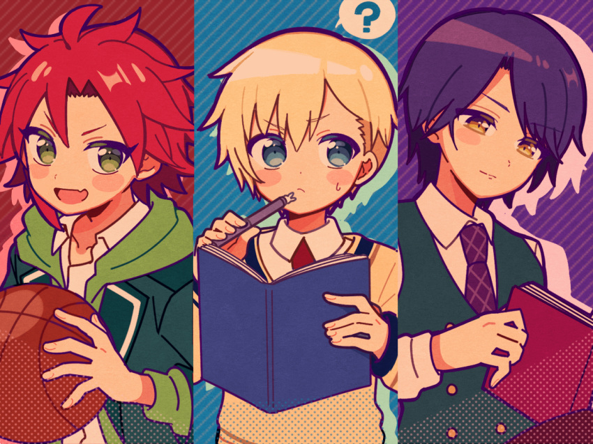 3boys 5.5 ? ball basketball_(object) blonde_hair book closed_mouth collared_shirt column_lineup commentary_request drop_shadow fang green_eyes green_hoodie green_vest hand_up holding holding_ball holding_book holding_pen hood hood_down hoodie idol_time_pripara long_sleeves looking_at_viewer looking_to_the_side male_focus mitaka_asahi multiple_boys necktie open_book open_mouth pen pretty_series pripara purple_necktie redhead shirt short_hair smile spoken_question_mark striped_background sweatdrop takase_koyoi upper_body vest white_shirt yellow_eyes yumekawa_shogo