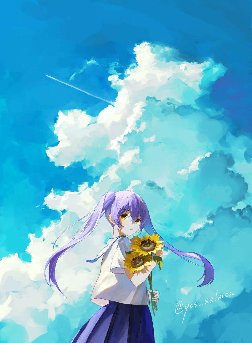 1girl absurdres blue_skirt blue_sky closed_mouth clouds cloudy_sky commentary_request cumulonimbus_cloud flower highres holding holding_flower long_hair looking_at_viewer looking_back original purple_hair school_uniform serafuku shirt skirt sky solo sunflower twintails twitter_username upper_body white_shirt yellow_eyes yos_(72112764)