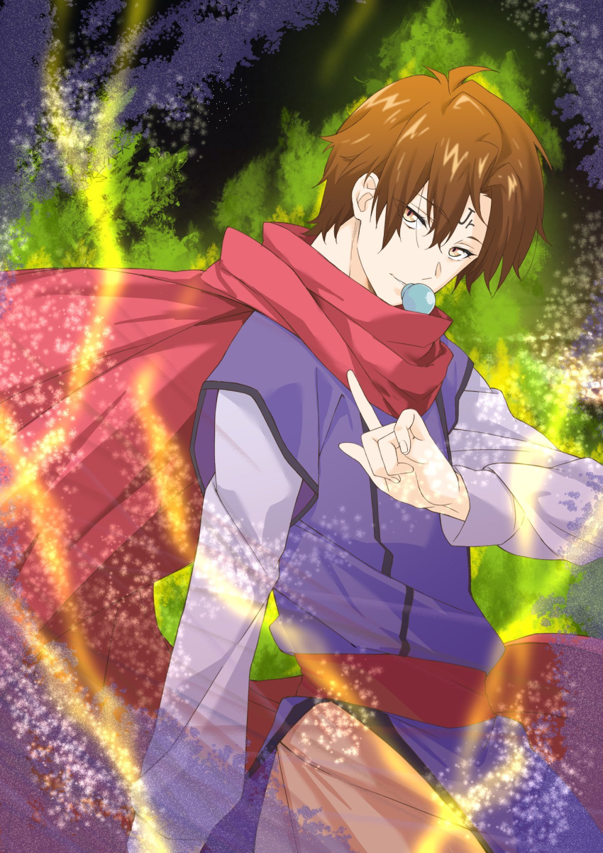 1boy abstract_background arm_at_side aura belt black_trim blurry blurry_foreground body_writing brown_hair cape commentary_request cowboy_shot energy forehead_writing grin hair_between_eyes hand_up highres index_finger_raised koenma light_smile long_sleeves looking_at_viewer male_focus messy_hair orange_skirt ozeki_miyabi pacifier parted_lips purple_shirt purple_vest red_belt red_cape red_scarf scarf shirt short_hair skirt smile solo vest yellow_eyes yu_yu_hakusho