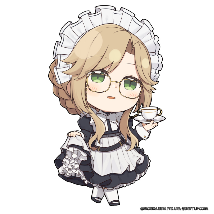 1girl ade_(nikke) apron black_dress black_footwear blonde_hair braid chibi commentary cup dress english_commentary eyewear_strap frilled_apron frills full_body glasses goddess_of_victory:_nikke green_eyes highres holding holding_plate juliet_sleeves long_hair long_sleeves looking_at_viewer maid_headdress official_art parted_bangs petticoat plate puffy_sleeves solo standing teacup totatokeke white_apron